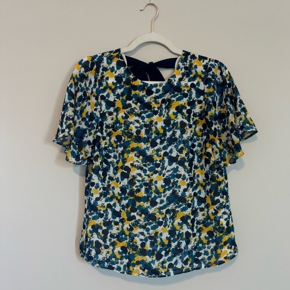 H&M | Blue & Yellow Watercolor Bow Back Flowy Blouse | Size 8 - Picture 3 of 9
